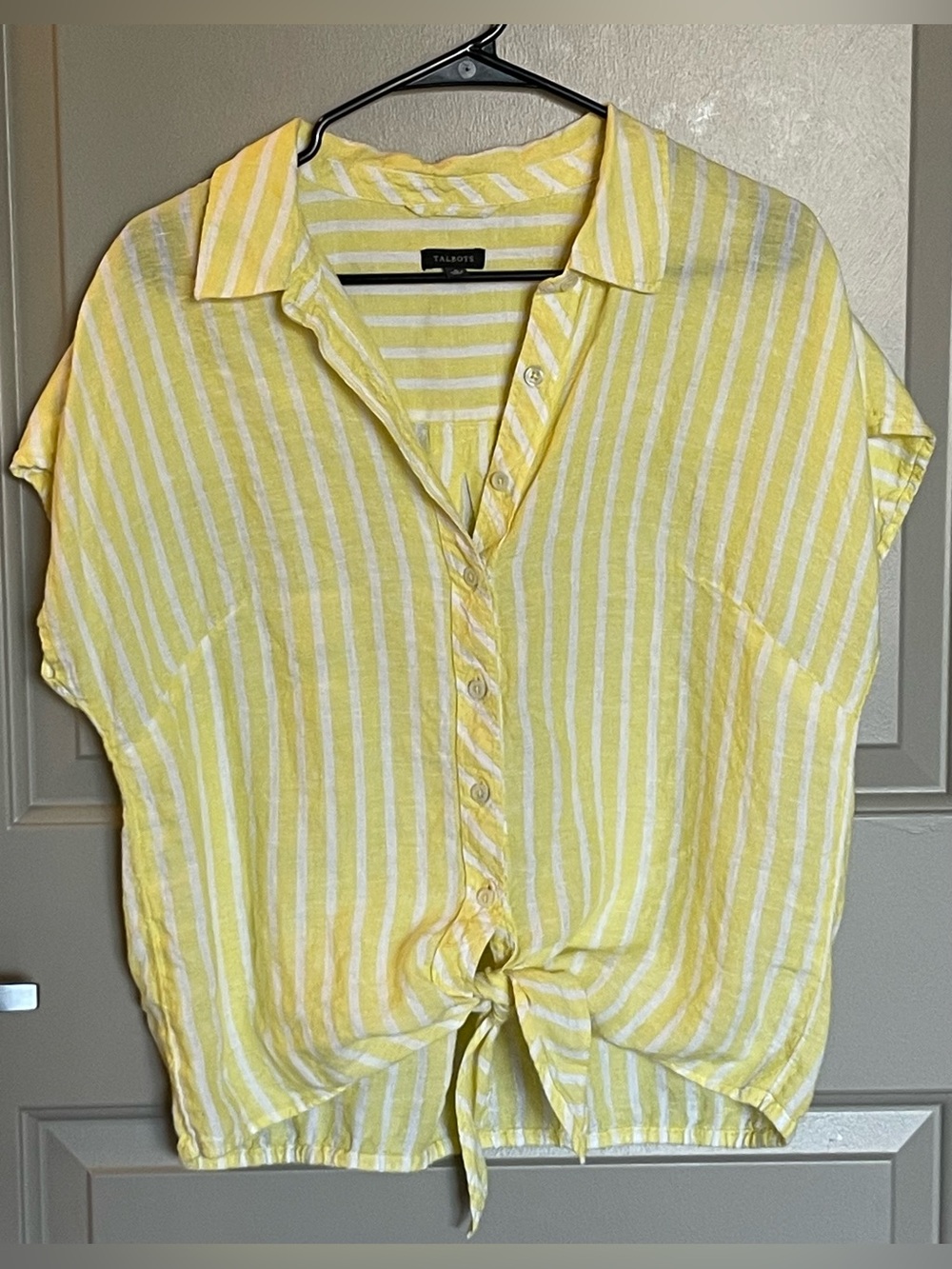 Talbots Small Yellow White‎ Striped 100% Linen Tie Front Shirt Medium